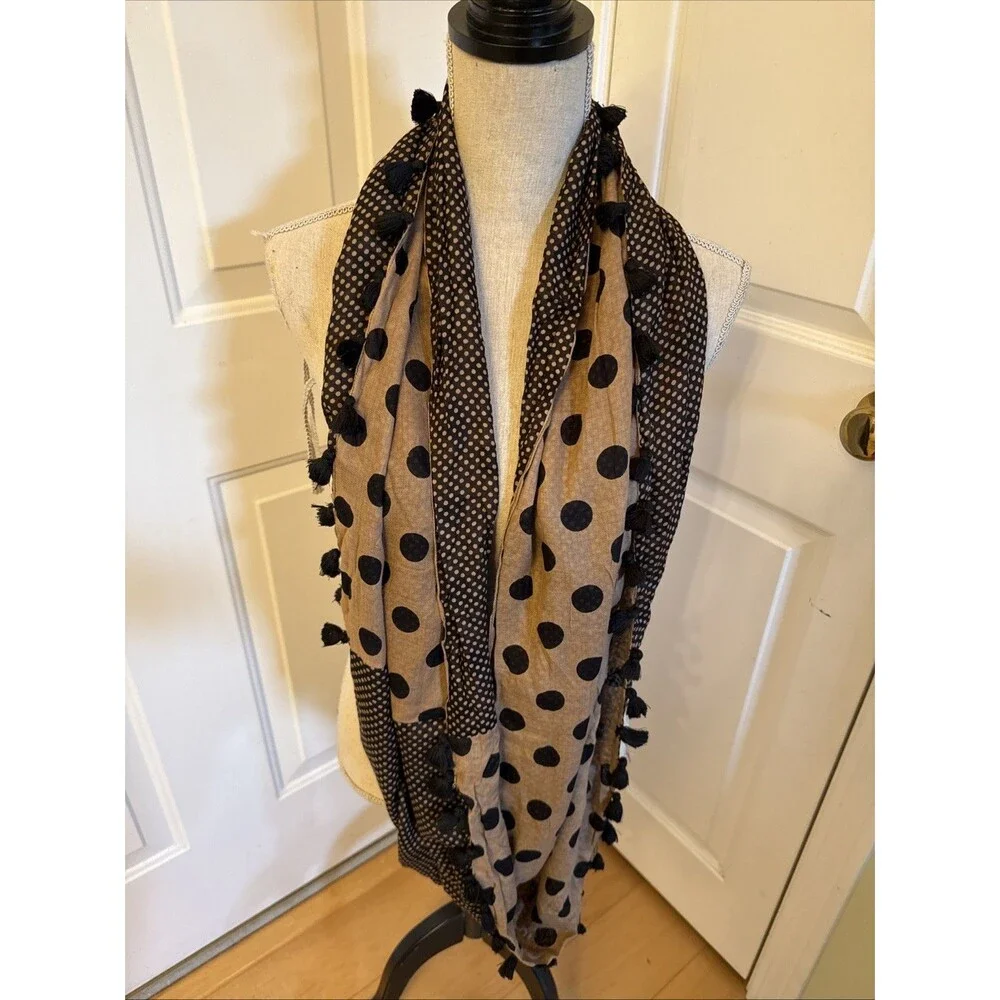 POLKADOT INFINITY SCARF unbranded Black And Brown Polka Dot Scarf With Tassels